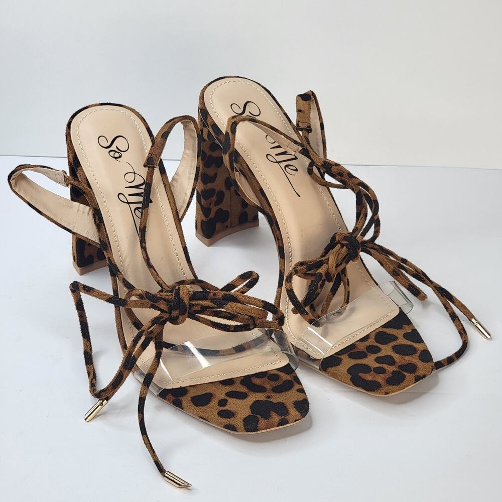 Leopard 3.5" Block Heel Sz 9 Ankle Ties Faux Suede Sandals Dressy Sexy Date Club